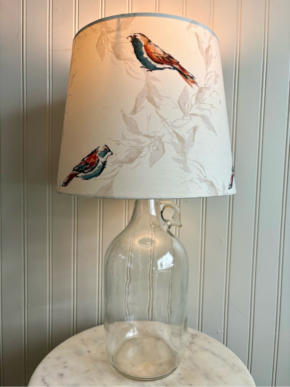 Glass Bottle Jug Table Lamp Birds & Leaves Drum Shade Upcycled Country Farmhouse - Picture 2 of 14